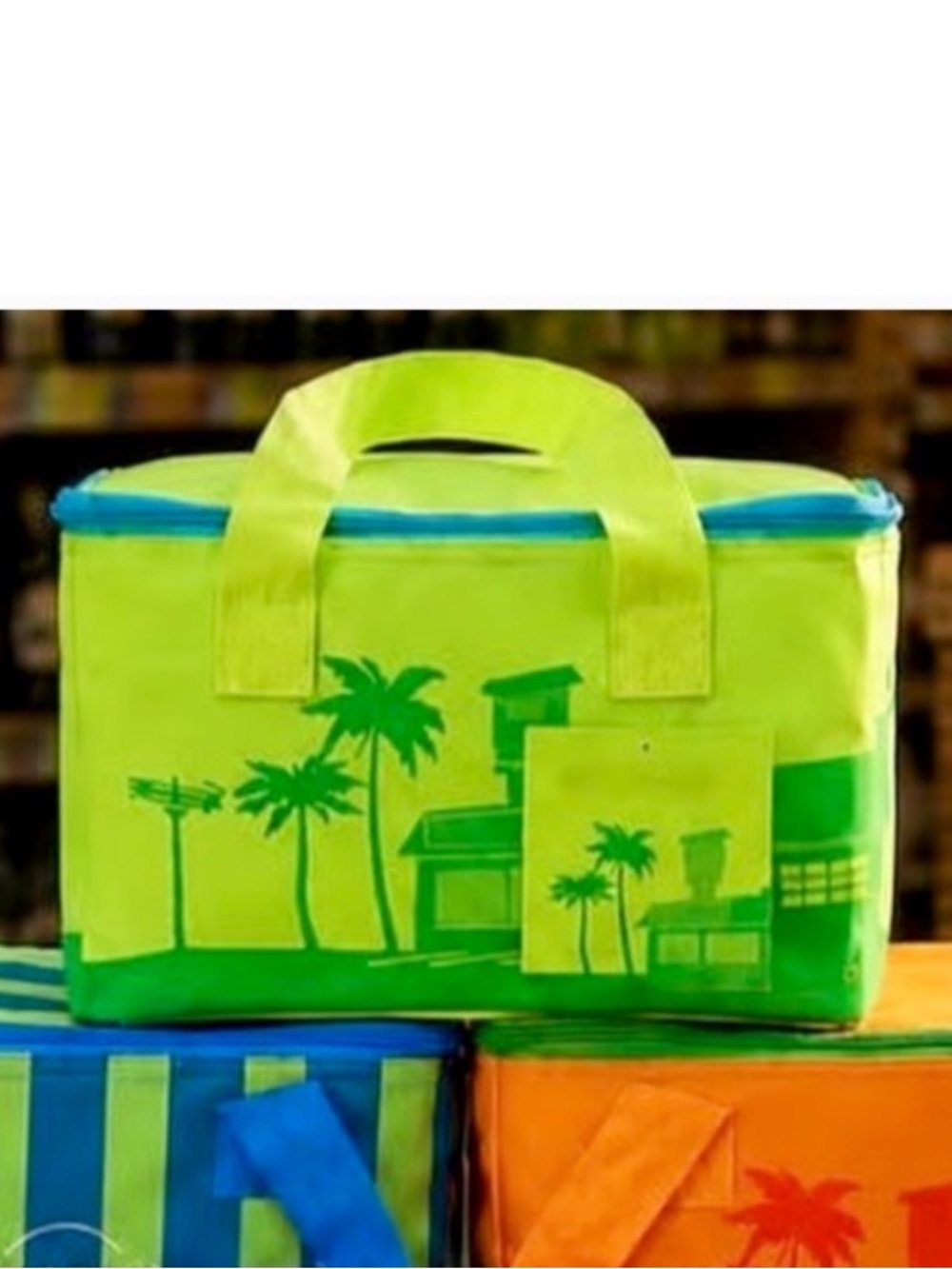Trader Joe’s insulated mini tote Neon Lime Insulated Tote with Palm Graphic